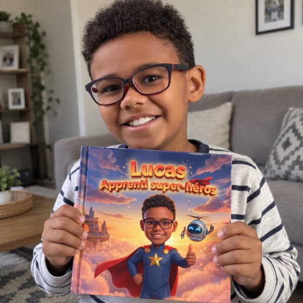 Enfant tenant son livre personnalisé Apprenti Super-Héros
